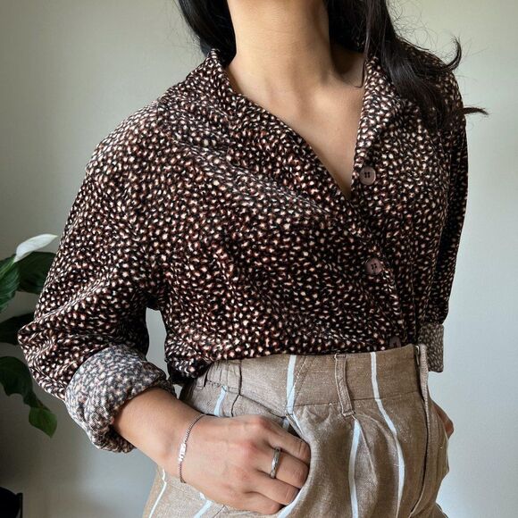 vtg 90s Clio velvet jacket blouse brown black leopard shirt size Large button up - Picture 2 of 8